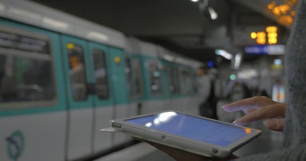 Interior of a modern subway car with digital displays showing route information and real-time updates. Passengers of diverse backgrounds are visible, some using mobile devices.