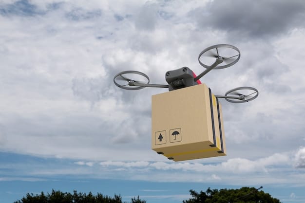 A close-up shot of a delivery drone in flight, carrying a small package. The drone is equipped with advanced sensors and propellers, showcasing its technological sophistication. The background is a clear blue sky.