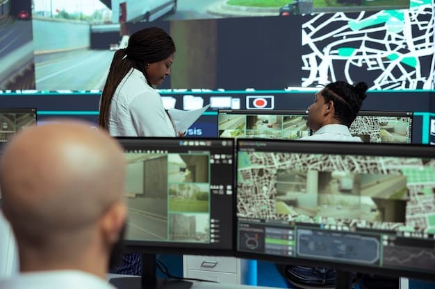 A traffic control center with operators monitoring real-time traffic data on large screens. The operators are adjusting traffic signal timings based on the data analysis.