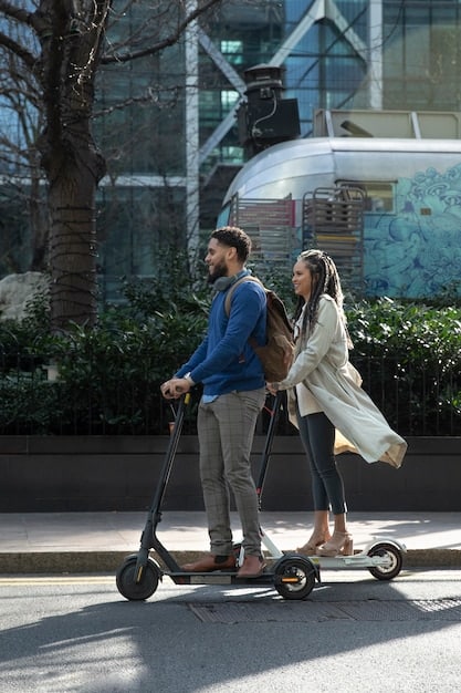 A scooter sharing station in a busy urban area, with scooters neatly parked and riders accessing them via a mobile app. The scene illustrates the convenience of scooter sharing programs and hints at the potential challenges of implementing new safety regulations.
