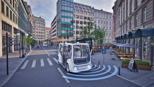A self-driving electric bus navigating a busy city street, showcasing the potential for autonomous public transportation enabled by 5G technology.