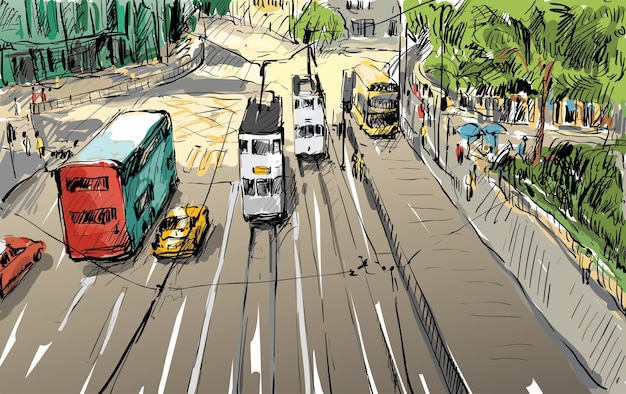 A congested city street with a mix of cars, buses, and bicycles struggling to navigate the traffic, symbolizing the infrastructure challenges of UBM implementation.
