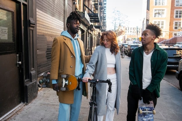 A diverse group of people using various modes of transportation (bus, bike, walking) in a revitalized urban area with green spaces and modern buildings, illustrating the positive impact of UBM on urban life.
