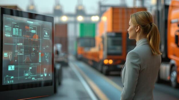 A detailed visualization of an AI-powered transportation management platform. The screen displays real-time data feeds from various sources (traffic cameras, GPS trackers on buses, passenger mobile app data). AI algorithms analyze the data and provide recommendations for route optimization, incident management, and passenger communication. Emphasis should be on the complex data flows and the AI's analytical capabilities.