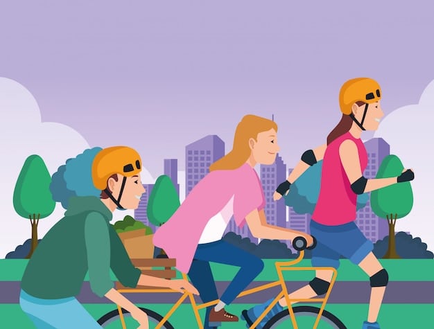 A group of people participating in a community bike ride, led by a local organization. The participants are wearing helmets and cycling through a city park on a sunny day.