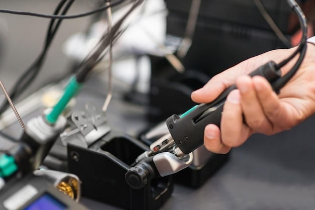 A close-up shot of a technician working on the internal components of an electric vehicle battery pack in a high-tech laboratory. The focus is on the intricate details of the battery cells and the advanced materials used in their construction.