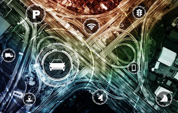 A graphic showing a network of connected vehicles with various points of vulnerability highlighted, such as GPS signals, data ports, and wireless communication channels. The image is designed to illustrate the complex attack surface of connected vehicles.