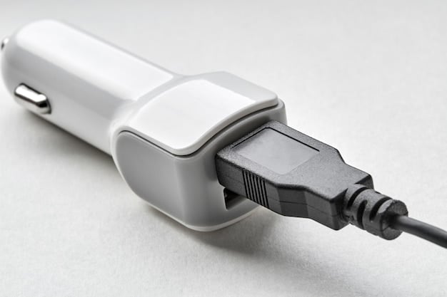 A close-up shot of a DC Fast Charger, showcasing the charging cable connected to an electric vehicle. The focus is on the charger's interface, displaying real-time charging data such as voltage, current, and estimated time to full charge. The image highlights the advanced technology and efficiency of modern fast-charging stations.