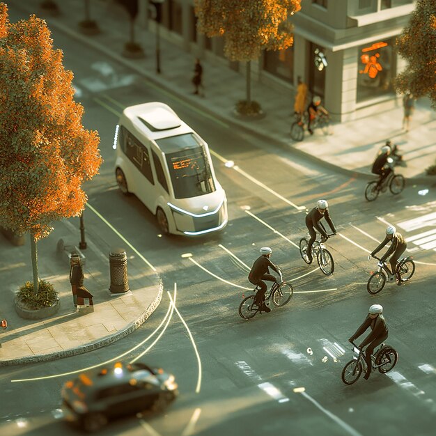 A conceptual image depicting a connected city, with various transportation modes (cars, buses, bikes) interacting seamlessly through a cloud-based AI system. Emphasize the interconnectedness and smart city aspects.