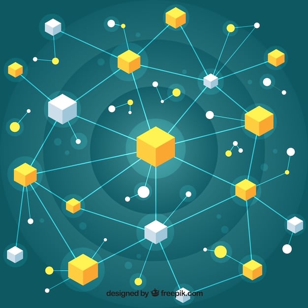 A diagram illustrating a blockchain network with various blocks connected, each representing a stage in the supply chain, such as manufacturing, shipping, and delivery, showcasing the immutability and transparency of the data.