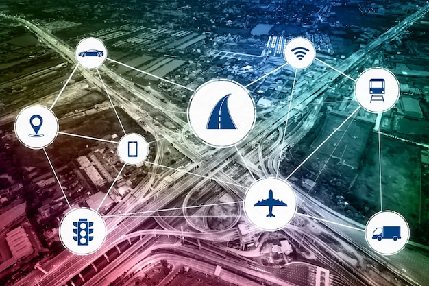 A network diagram illustrating various transportation systems (air, rail, sea, road) connected to a central security operations center (SOC). Lines of data flow are shown with indicators of threat detection and response at each system.