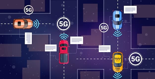 A conceptual illustration showing a network of autonomous vehicles connected to edge computing nodes, with security measures like firewalls and encryption protocols visualized as protective barriers.