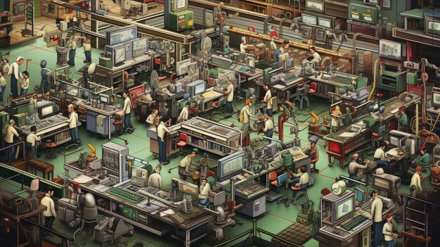 A historical depiction of a logistics office in the 1980s, featuring employees using early computer systems and paper records to manage freight and transportation, illustrating the manual processes before the widespread adoption of integrated TMS.