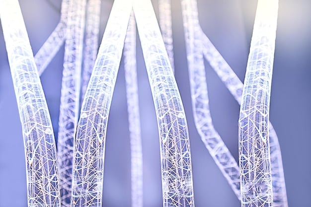 A close-up of a bridge structure detail within a digital twin, highlighting stress points and potential maintenance needs through color-coded overlays. The image depicts a virtual engineer examining the data in a high-tech control room environment.
