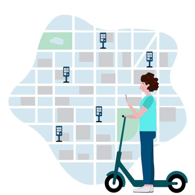 A map of a major US city highlighting the locations of available e-scooters and e-bikes via a mobile app interface. The map is visually appealing, with clear icons indicating different vehicle types and real-time availability. The city skyline is visible in the background.