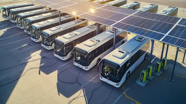A row of electric buses charging at a solar-powered charging station in a modern urban setting. The scene emphasizes sustainability and the integration of renewable energy sources with public transportation infrastructure.