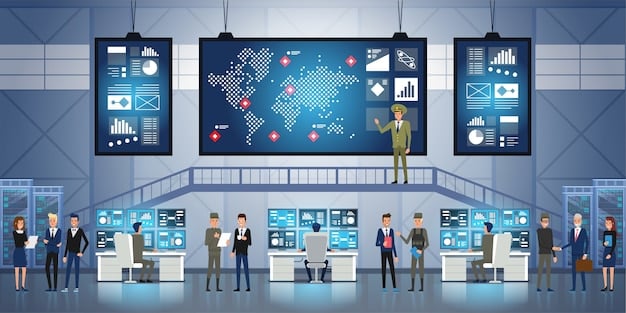 A futuristic control center with operators monitoring real-time data from various transit systems. The screens display interactive maps, vehicle locations, and predictive analytics dashboards, emphasizing the role of data in managing and optimizing public transportation.