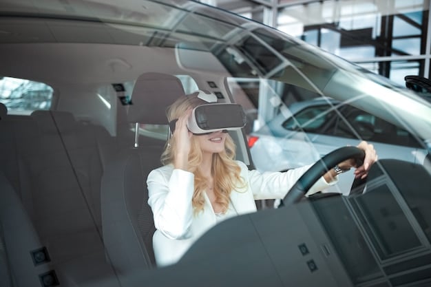 A person wearing a VR headset, interacting with a simulation of an autonomous vehicle cockpit. The simulation displays a dynamic environment with other vehicles and pedestrians.