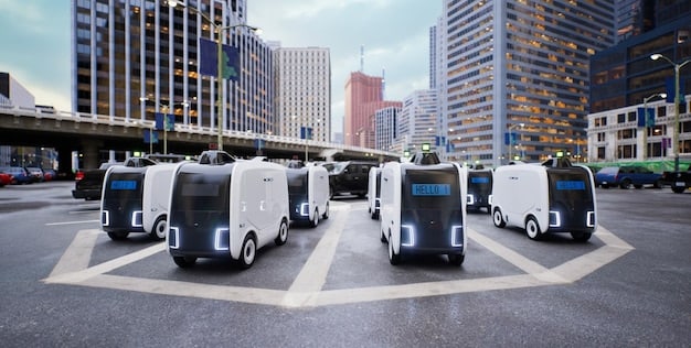 A fleet of autonomous delivery vans navigating a suburban neighborhood, showcasing the integration of self-driving technology in last-mile logistics. The image emphasizes the efficiency and convenience of autonomous delivery services, highlighting the potential for reduced traffic congestion and improved delivery times.