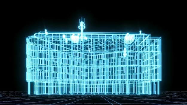 A close-up of a government building with a digital interface overlaid on top, showing lines of code and network connections. The image represents the intersection of government regulations and cybersecurity measures in a smart city context.