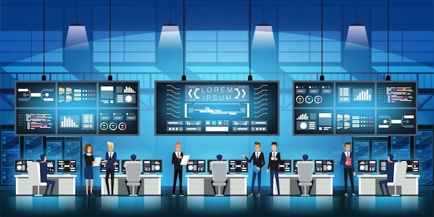 A futuristic control room with multiple screens displaying real-time data and security alerts. The image illustrates the advanced technology and monitoring systems required for effective cybersecurity in a smart city.