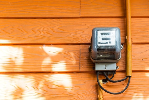 A close-up shot of a smart meter installed on the side of a residential building. The meter should display real-time energy consumption data, and the background should show a neighborhood with solar panels on the roofs of several houses. Focus on the detail of the meter and the clarity of the displayed data.