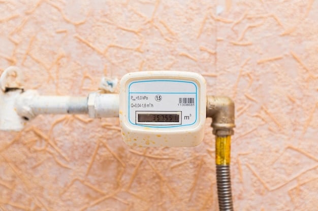 Close-up of a smart water meter installed on a residential water pipe, displaying digital readings of water consumption and leak detection alerts.