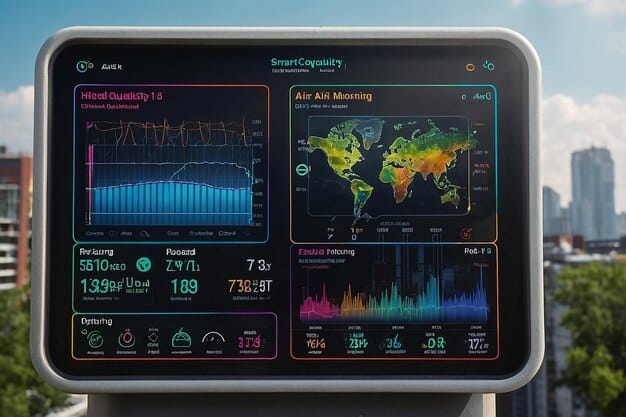 A dashboard interface displaying real-time data from various city sensors like traffic flow, air quality, energy consumption, and public transportation status, visualized in a modern graphical format.