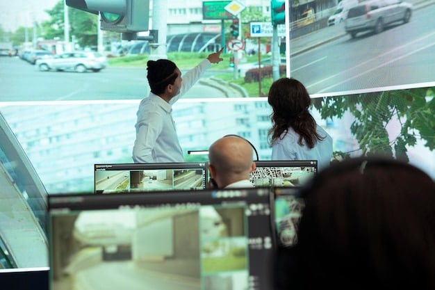 A control room in a smart city, with operators monitoring a large screen displaying real-time data about emergency services, including police, fire, and ambulance locations.