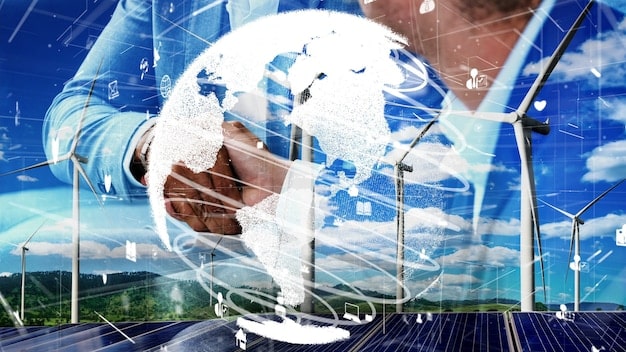 A visualization showing a world map covered in solar panels and wind turbines, all interconnected by a smart grid network that spans across different continents. Bright lines indicate the flow of electricity between regions.