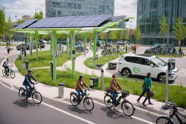 A vibrant cityscape featuring green roofs on buildings, solar panels integrated into the architecture, electric vehicle charging stations, and a network of bike lanes with cyclists.