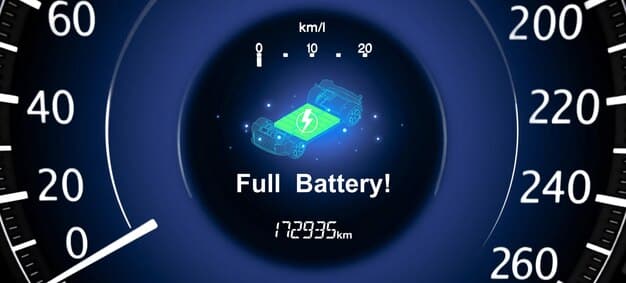 A dashboard display of an electric vehicle showing the remaining battery percentage and estimated range, with a warning symbol indicating low battery. The scene is set in a rural area with no visible charging stations.