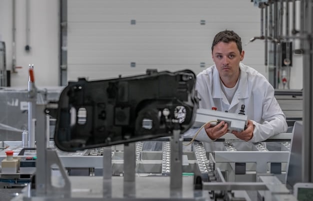 A technician working on a new electric vehicle battery pack in a clean, modern laboratory setting, surrounded by advanced testing equipment.