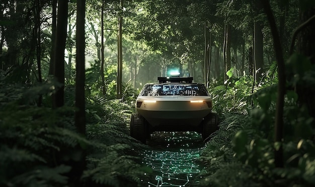 A Rivian R1T parked in a scenic outdoor location, such as a forest or national park, with an active software update visible on the vehicle's display screen.