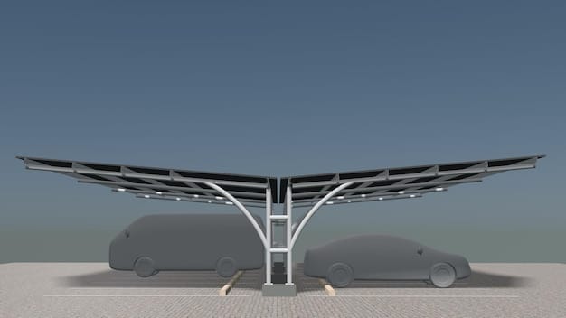A conceptual rendering of a futuristic EV charging station with solar panels integrated into the roof and sleek, modern design. The station should feature multiple charging ports and a small convenience store or cafe.