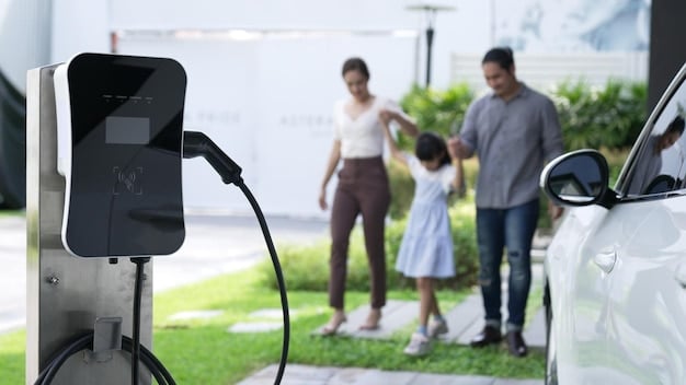 A diverse group of people standing around an electric vehicle charging station. Some are holding tablets and discussing the benefits of EV ownership, while others are plugging in their cars. The scene is set in a modern, eco-friendly urban environment.