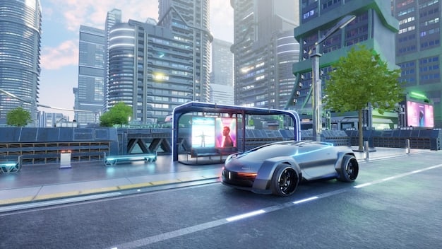 A conceptual image of an electric vehicle driving through a futuristic city, with augmented reality displays showing real-time sensor data and AI-driven decision-making. The car seamlessly interacts with its environment, adjusting to traffic patterns and pedestrian movements with precision and efficiency. Highlight the integration of advanced technology and the potential for safer, more intelligent transportation.