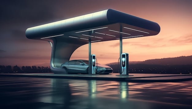 A futuristic charging station with multiple electric cars connected, emphasizing the rapid advancement and accessibility of EV technology.