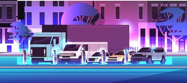 A futuristic city street scene with multiple electric vehicles wirelessly charging while parked. The scene emphasizes the convenience and seamless integration of wireless charging into urban environments.