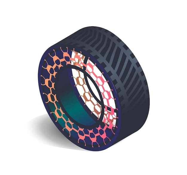 A cross-section diagram of an EV tire highlighting the materials used, including low rolling resistance compounds and reinforced sidewalls.