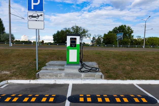 A network of electric vehicle charging stations along a highway rest stop, with various EV models plugged in. The imagery conveys convenience and availability, emphasizing the increasing accessibility of charging infrastructure for long-distance commutes.