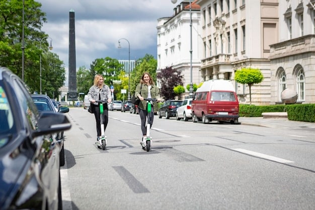 A city street scene with various modes of transportation (buses, bikes, scooters, pedestrians) coexisting harmoniously. The image should convey a sense of integrated and sustainable urban mobility.
