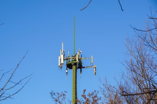 A scenic shot of a rural community showcasing a newly installed 5G tower alongside a modernized bus stop equipped with solar-powered lighting and digital information displays.