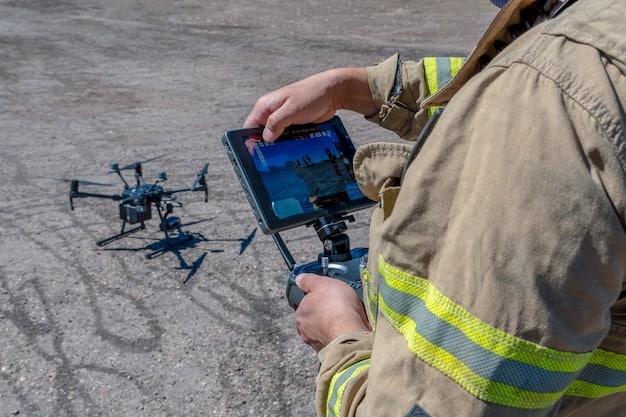An emergency response team using 5G-enabled drones for real-time surveillance of an accident scene, with augmented reality overlays providing critical information to the team. The image should convey a sense of enhanced safety and efficiency in emergency situations.