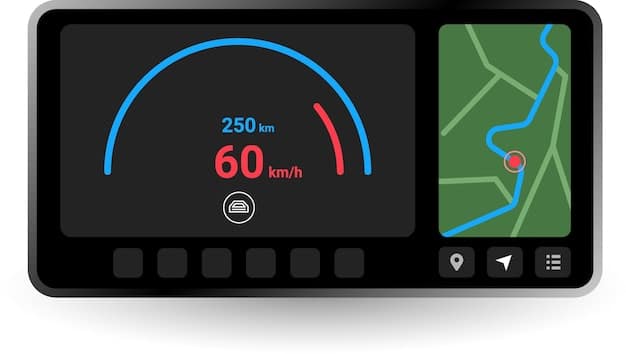 A dashboard graphic displaying real-time vehicle data metrics, including fuel efficiency, speed, and location, overlaid on a map of a US highway with semi-trucks.