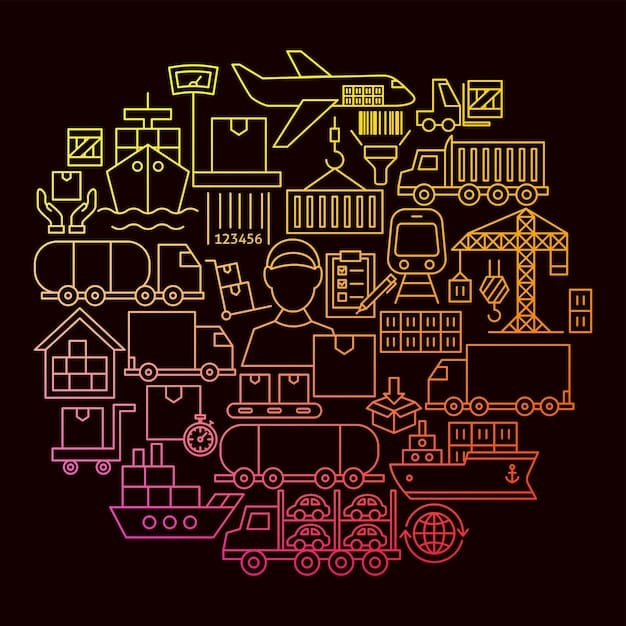 A digital illustration representing different modes of transportation (trucks, ships, trains) linked together by interconnected blockchain nodes, symbolizing a transparent and streamlined supply chain network in the US.