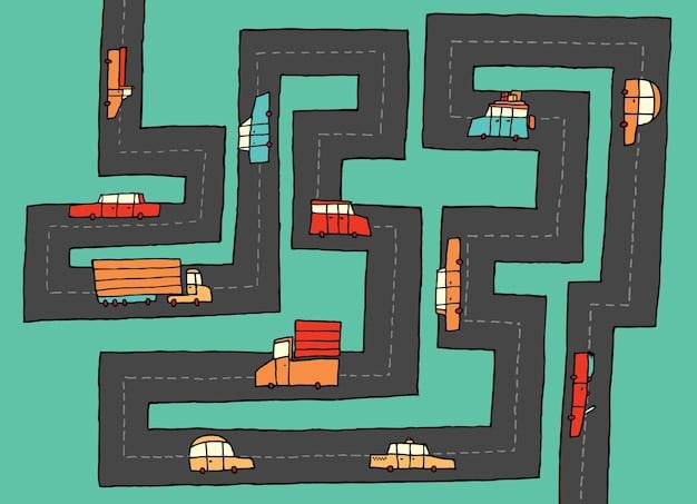A stylized image of a semi-truck navigating through a maze representing the complex and varied regulations across different US states. The maze is colored in a patchwork of reds, yellows, and greens to symbolize the varying levels of regulatory difficulty.