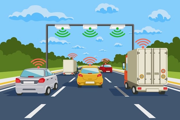 A graphic illustrating a smart highway system with sensors, traffic cameras, and data analytics, demonstrating the reduction in accidents through real-time alerts and dynamic speed limits.