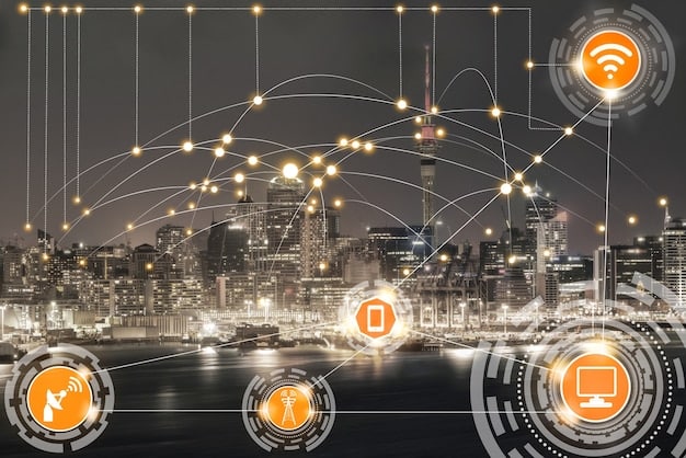 A network diagram illustrating the interconnectedness of IoT devices in a smart city, with arrows showing data flow and warning symbols indicating potential cybersecurity vulnerabilities.