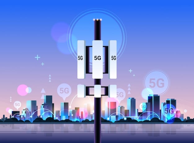 A visual representation of 5G infrastructure, including towers and small cell deployments, overlaid on an energy grid map, highlighting the coverage and connectivity provided by 5G to various grid components.